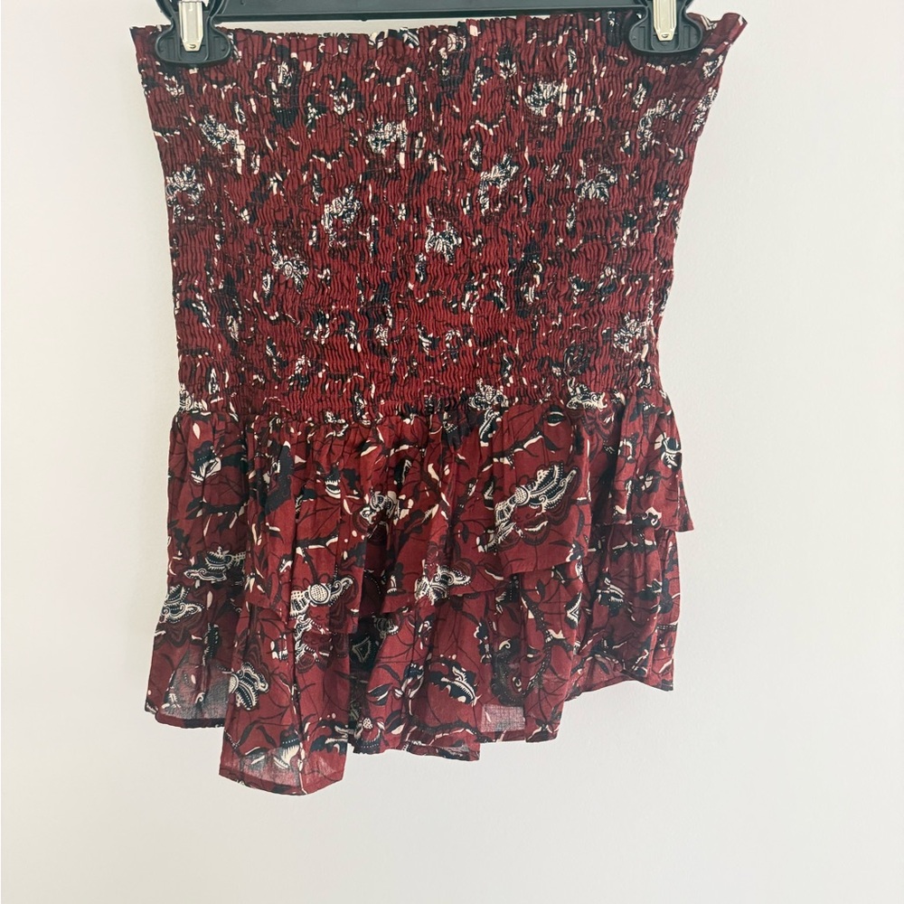 Isabel Marant burgundy Floral Smocked ruffle skirt